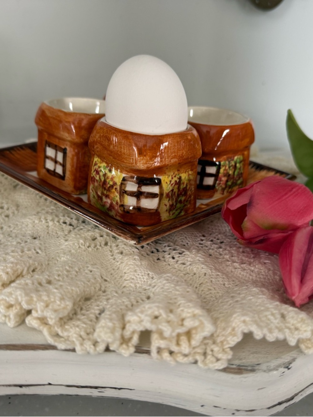 Price Bros. Ceramic Cottage Egg Cup Set in Warm Brown and Cream